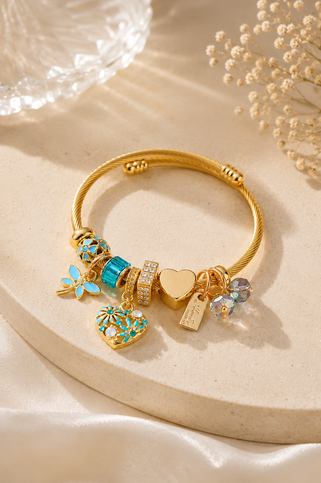 Vacay Mode Tropical Charm Bangle – 14K Gold PVD Plated 302 Stainless Steel | Waterproof & Anti-Tarnish