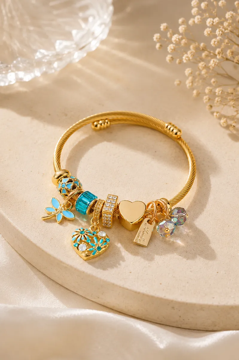 Vacay Mode Tropical Charm Bangle – 14K Gold PVD Plated 302 Stainless Steel | Waterproof & Anti-Tarnish