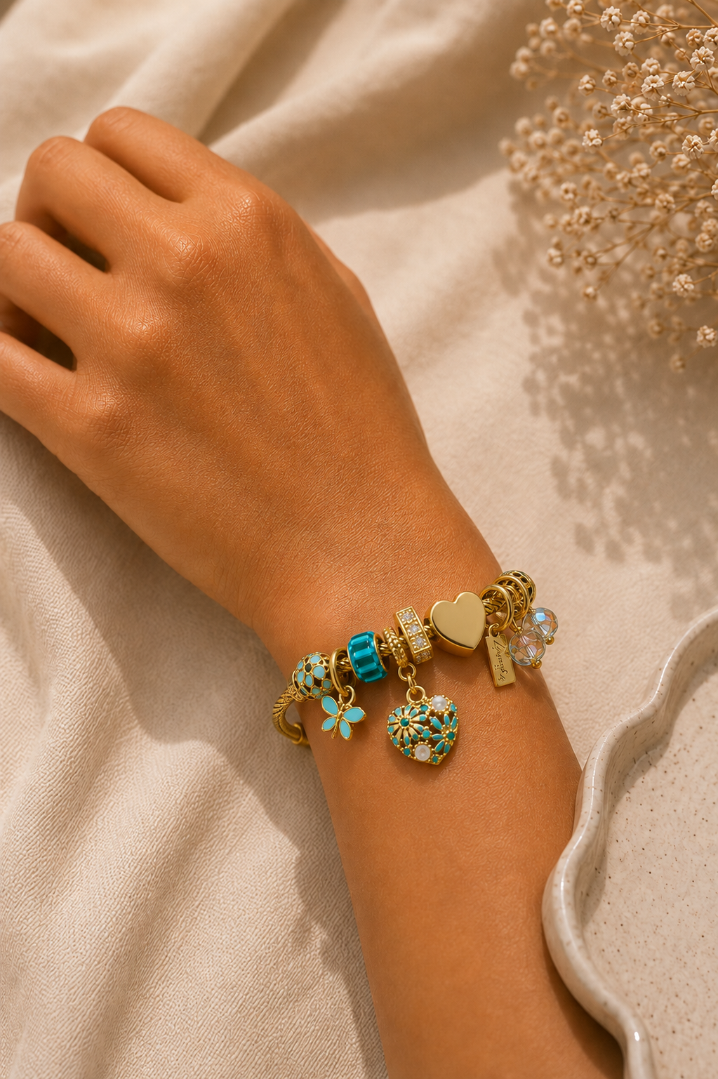 Vacay Mode Tropical Charm Bangle – 14K Gold PVD Plated 302 Stainless Steel | Waterproof & Anti-Tarnish