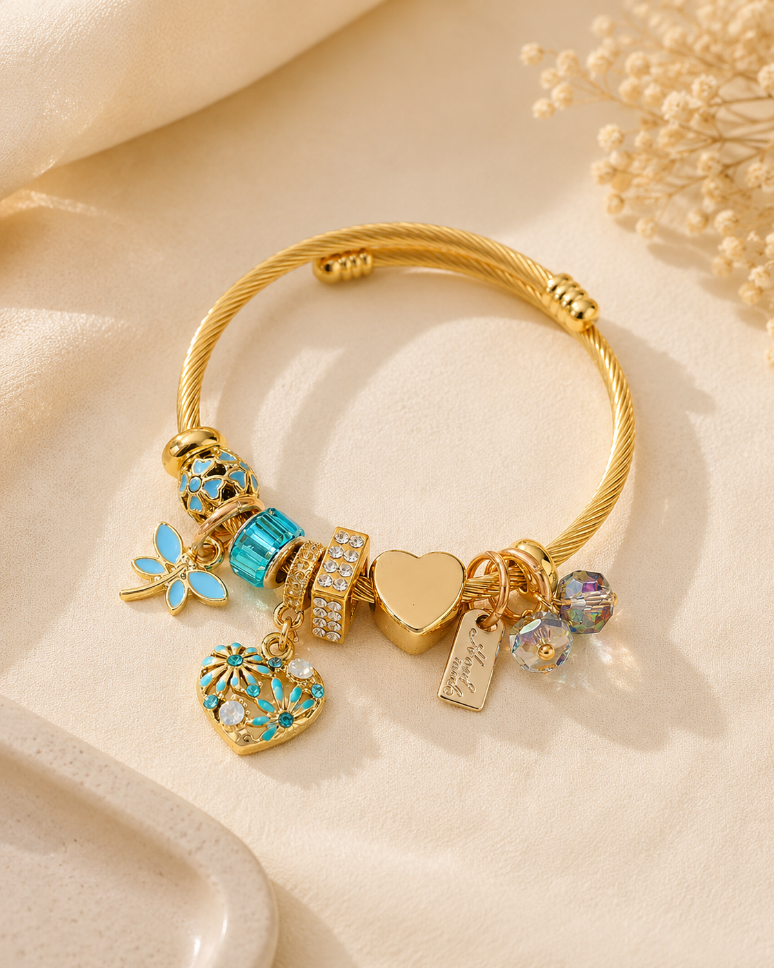 Vacay Mode Tropical Charm Bangle – 14K Gold PVD Plated 302 Stainless Steel | Waterproof & Anti-Tarnish