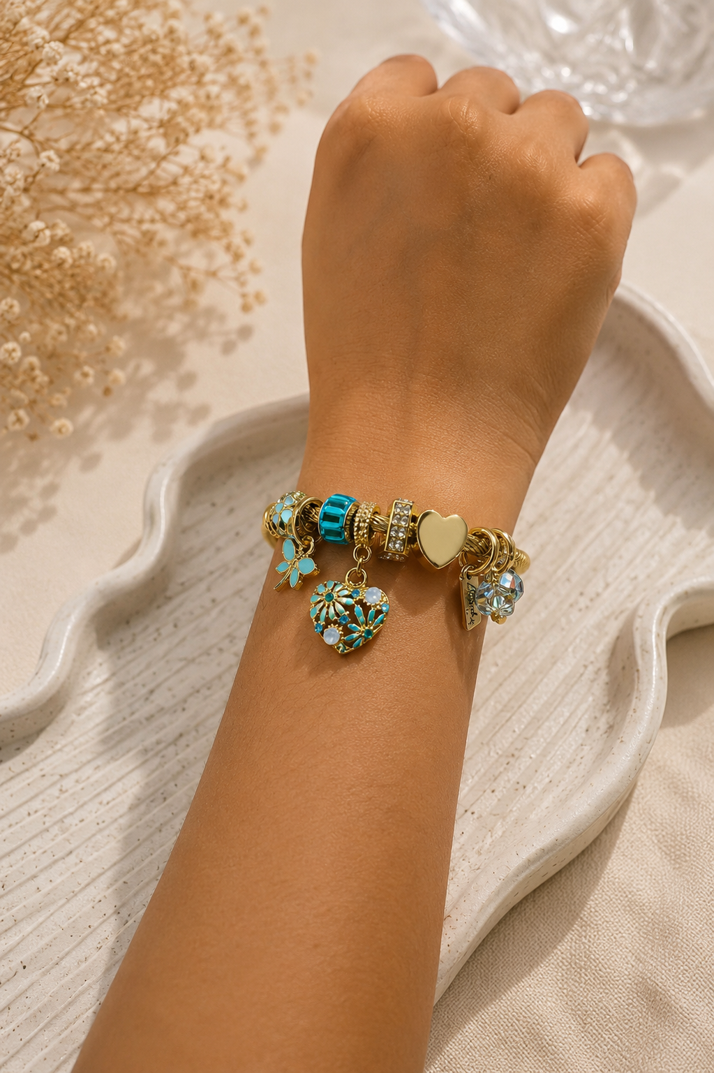 Vacay Mode Tropical Charm Bangle – 14K Gold PVD Plated 302 Stainless Steel | Waterproof & Anti-Tarnish