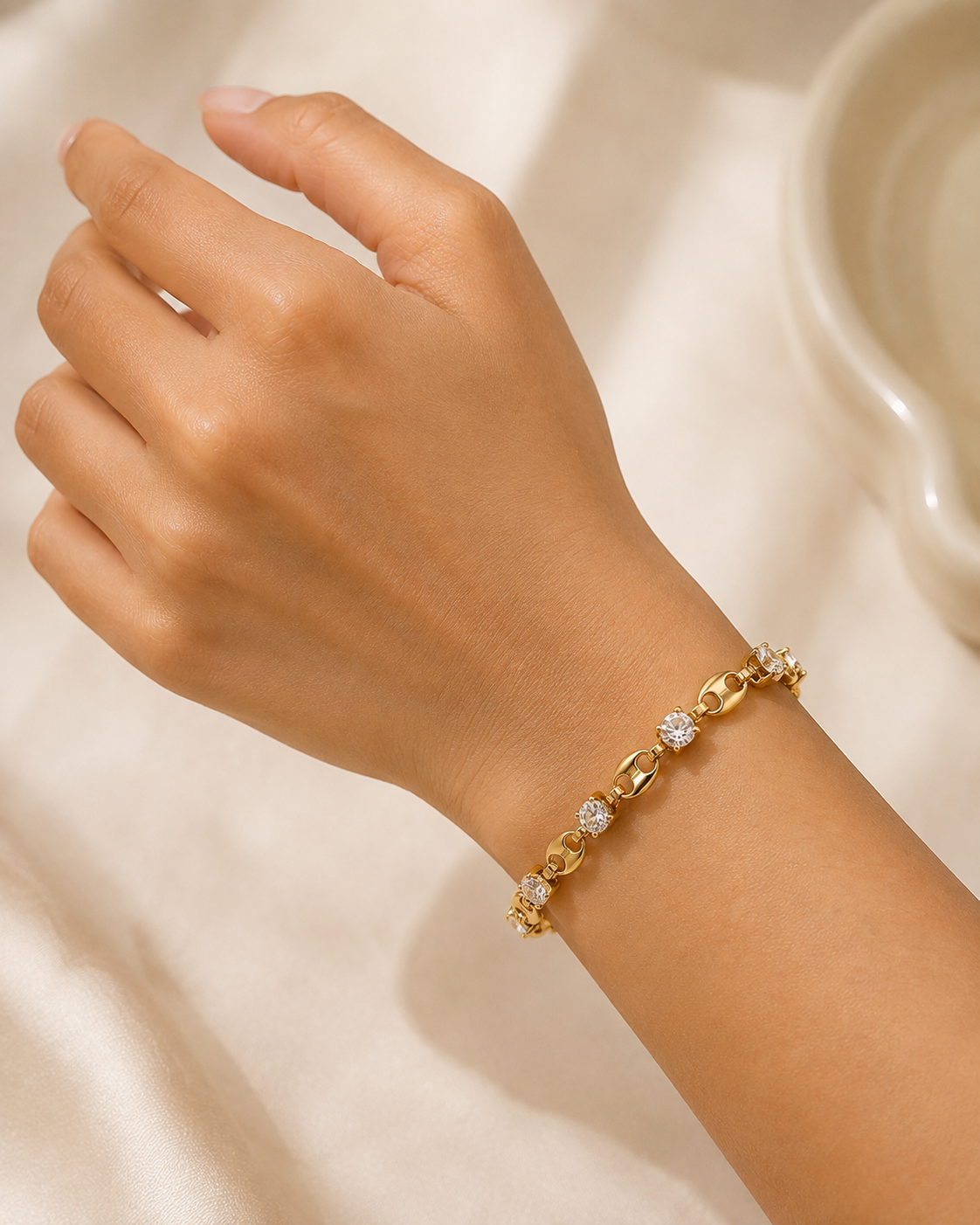 Gilded Age Bead & Crystal Bracelet – 18K Gold PVD Plated 304 Stainless Steel with Zircon | Waterproof & Anti-Tarnish