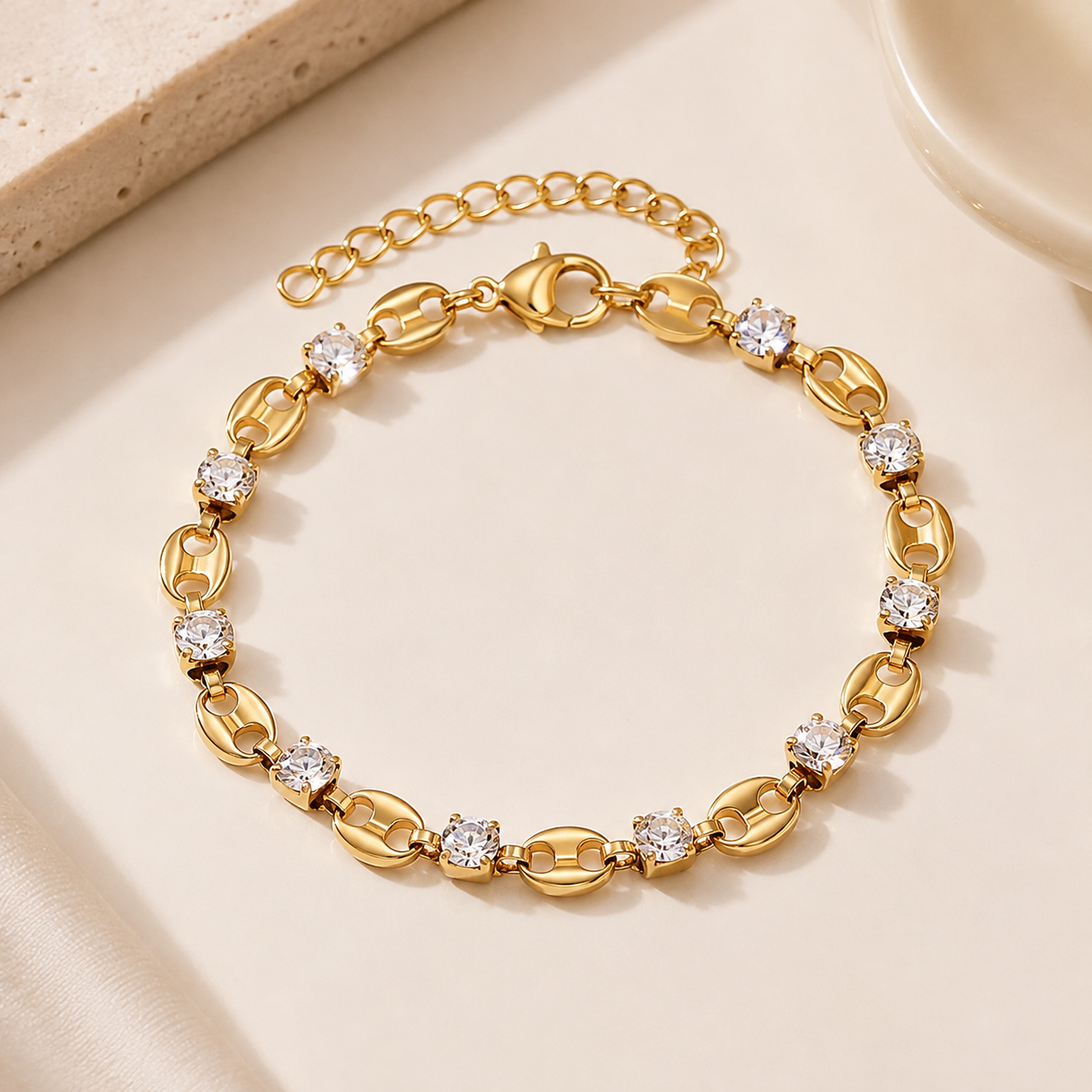 Gilded Age Bead & Crystal Bracelet – 18K Gold PVD Plated 304 Stainless Steel with Zircon | Waterproof & Anti-Tarnish
