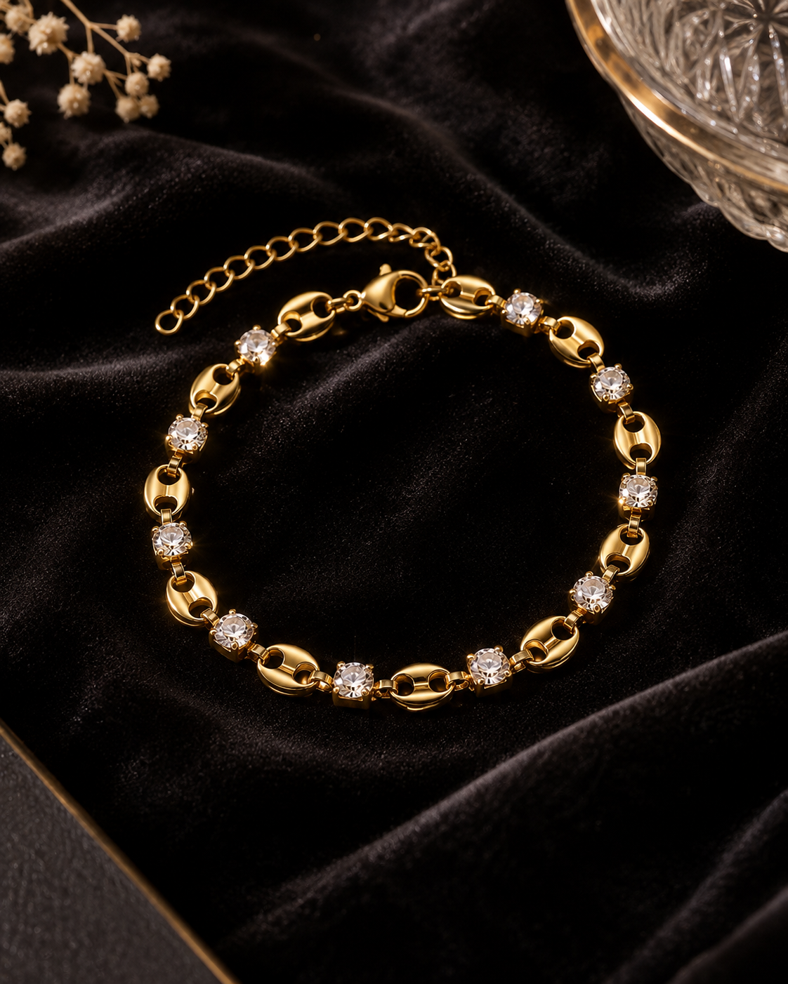 Gilded Age Bead & Crystal Bracelet – 18K Gold PVD Plated 304 Stainless Steel with Zircon | Waterproof & Anti-Tarnish