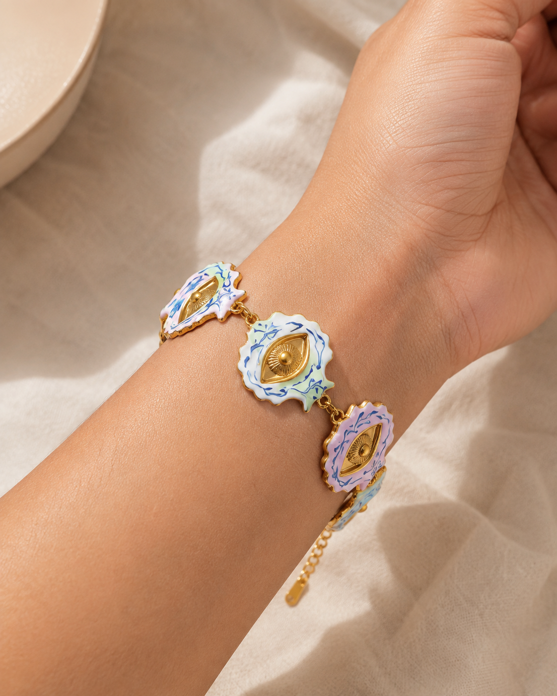 Aura Check Pastel Evil Eye Bracelet – 18K Gold PVD Plated 304 Stainless Steel with Enamel