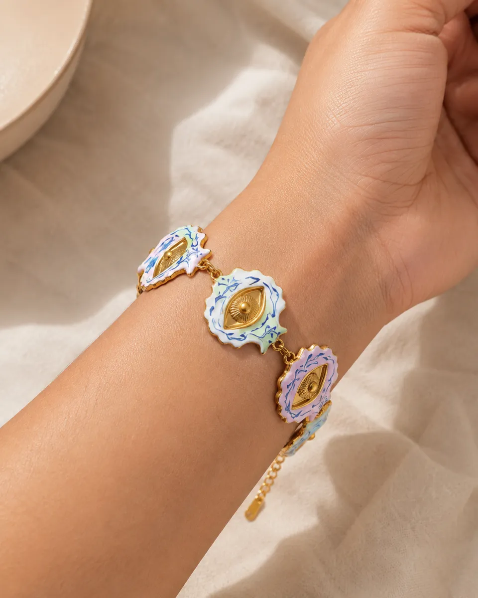 Aura Check Pastel Evil Eye Bracelet – 18K Gold PVD Plated 304 Stainless Steel with Enamel