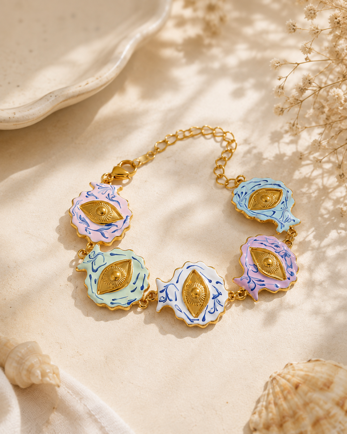 Aura Check Pastel Evil Eye Bracelet – 18K Gold PVD Plated 304 Stainless Steel with Enamel