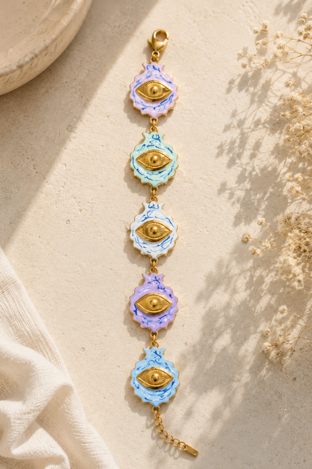 Aura Check Pastel Evil Eye Bracelet – 18K Gold PVD Plated 304 Stainless Steel with Enamel