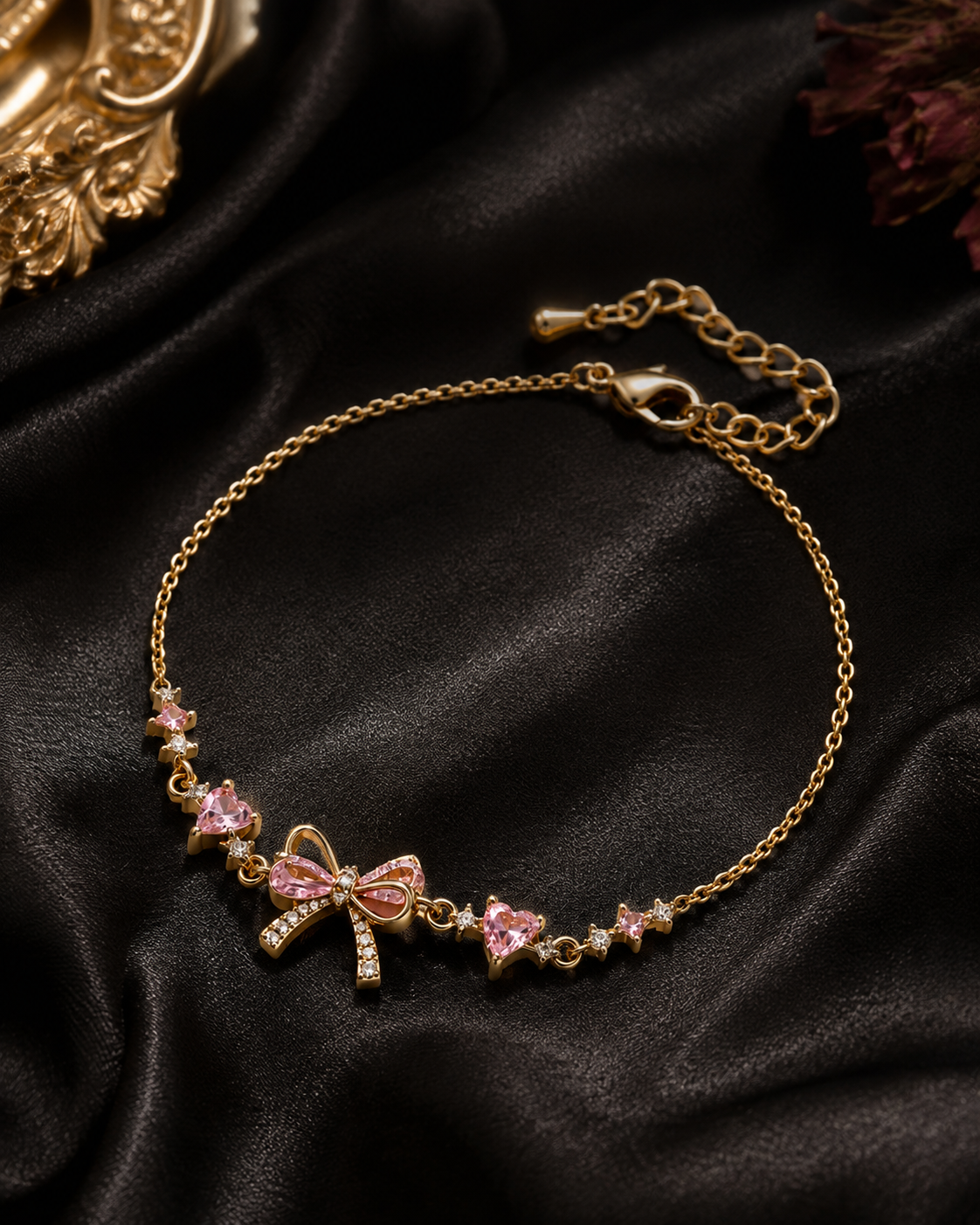 Coquette Core Pink Crystal Bow Bracelet – Gold Plated Copper with Zircon | Waterproof & Anti-Tarnish