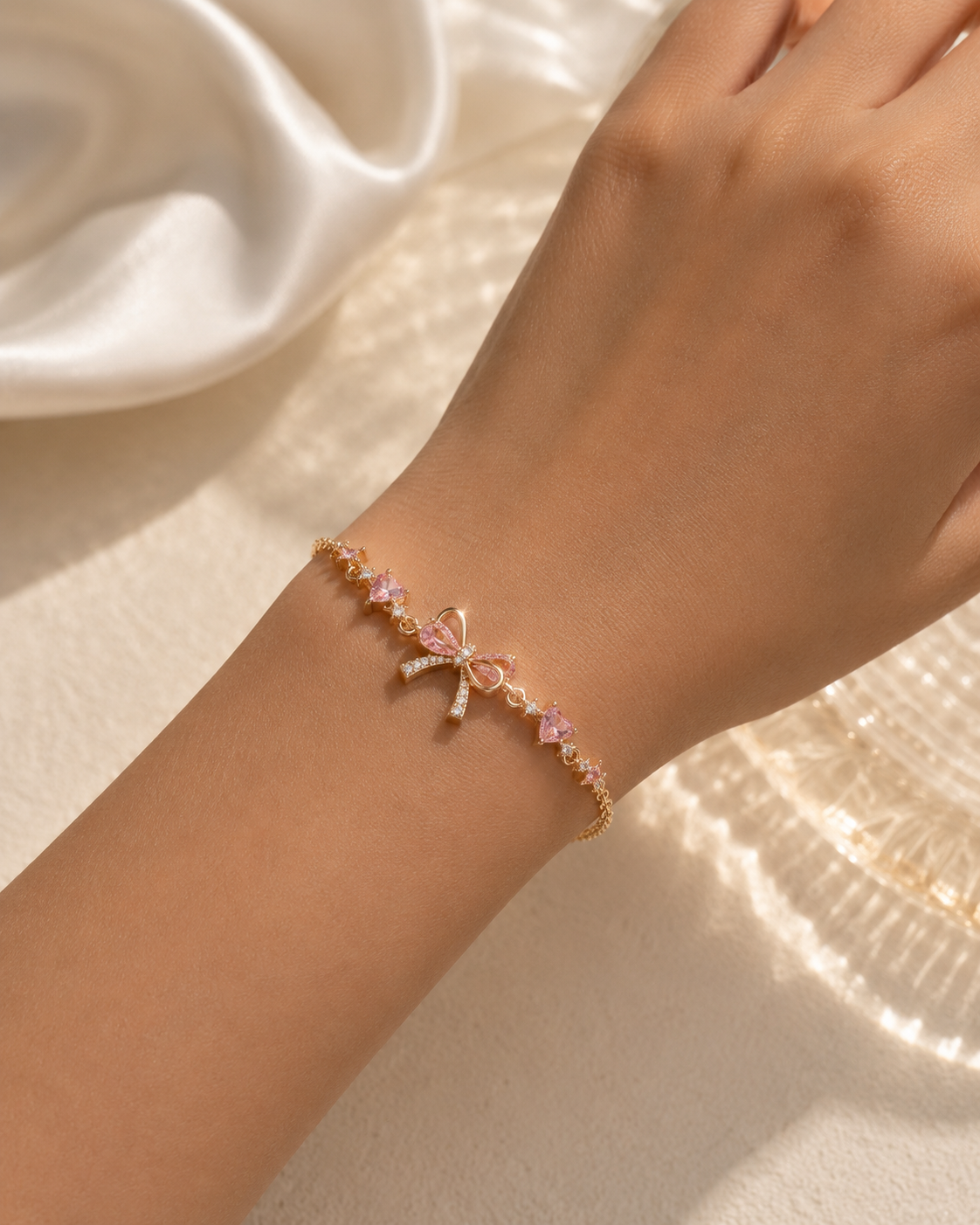 Coquette Core Pink Crystal Bow Bracelet – Gold Plated Copper with Zircon | Waterproof & Anti-Tarnish