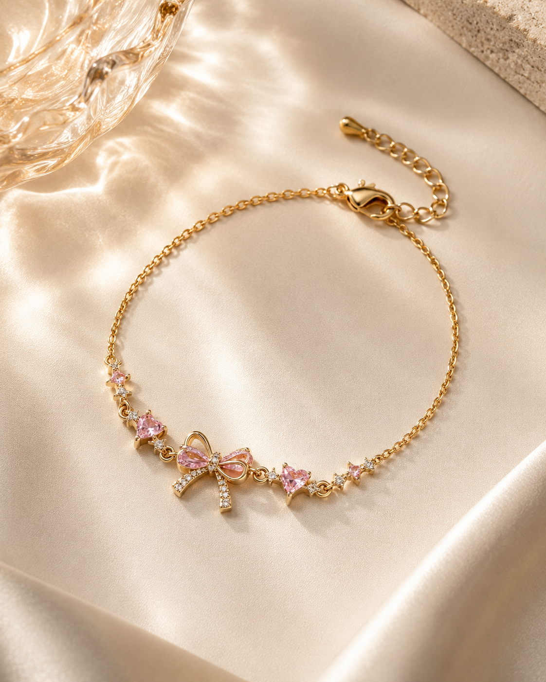 Coquette Core Pink Crystal Bow Bracelet – Gold Plated Copper with Zircon | Waterproof & Anti-Tarnish