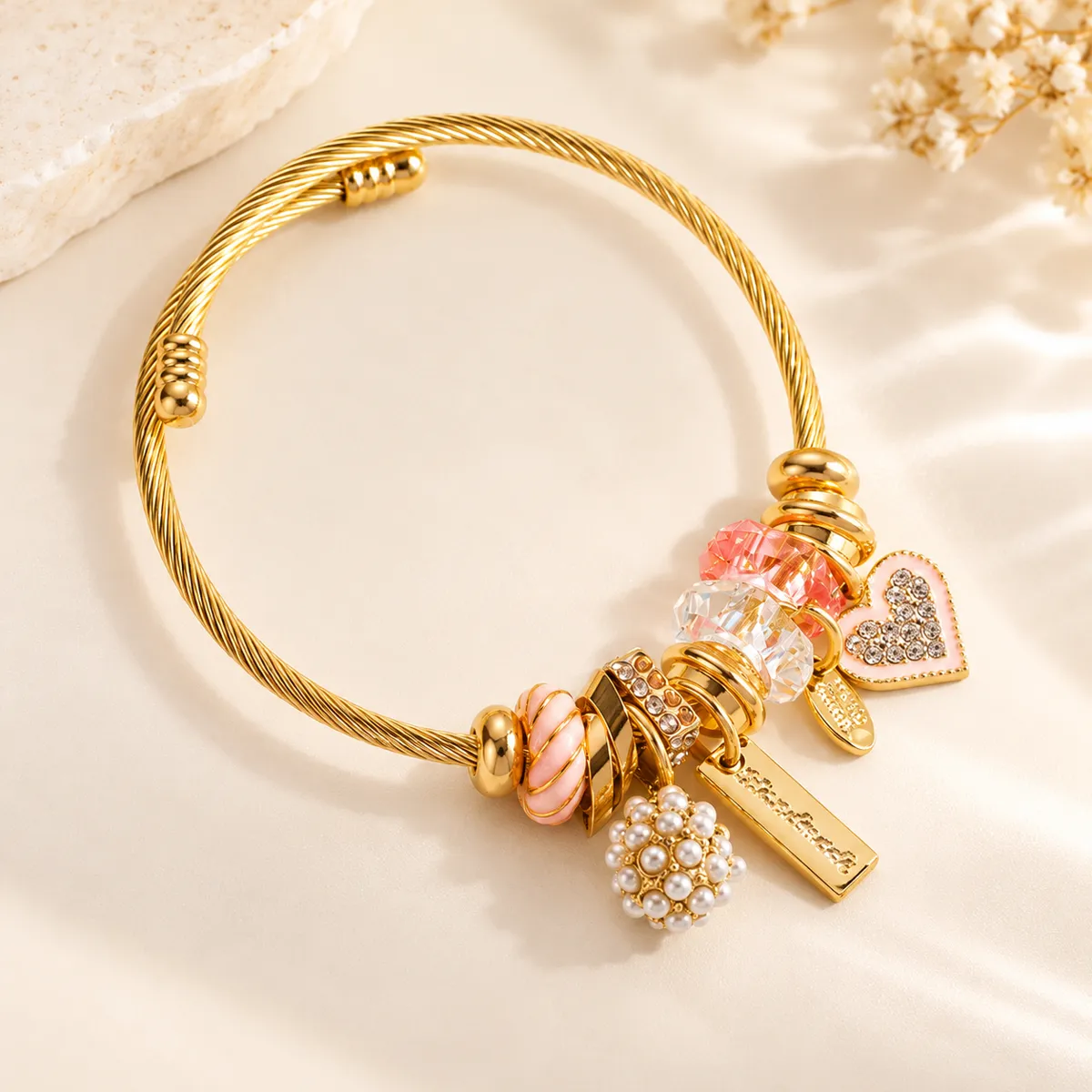 Pink Promise Charm Bangle – Gold Plated 304 Stainless Steel with Enamel