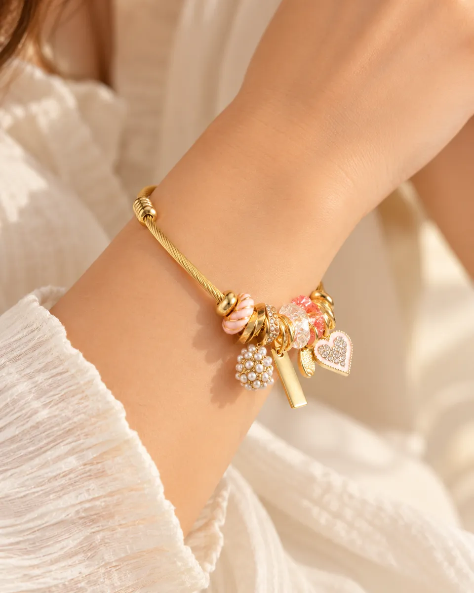 Pink Promise Charm Bangle – Gold Plated 304 Stainless Steel with Enamel