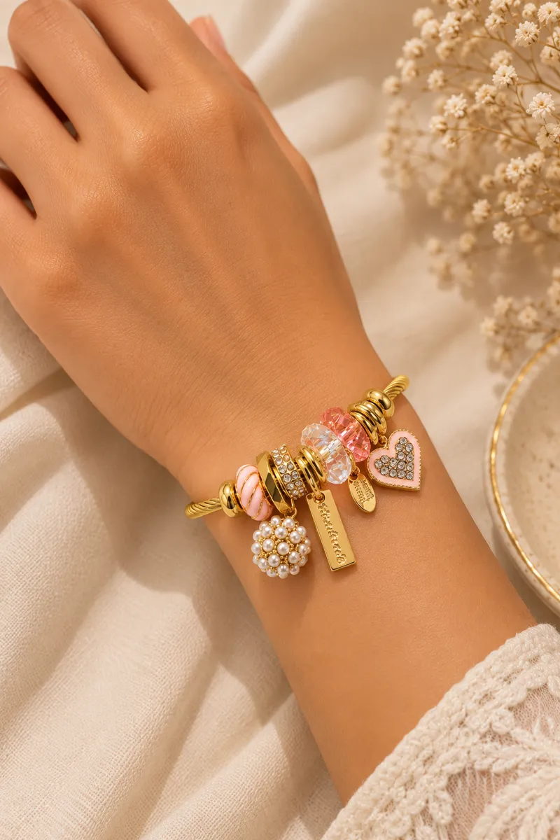 Pink Promise Charm Bangle – Gold Plated 304 Stainless Steel with Enamel