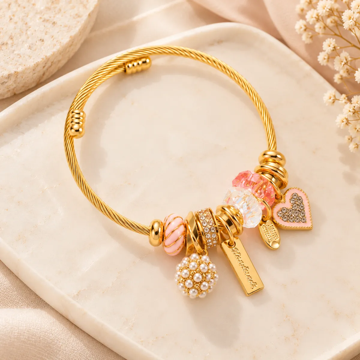 Pink Promise Charm Bangle – Gold Plated 304 Stainless Steel with Enamel