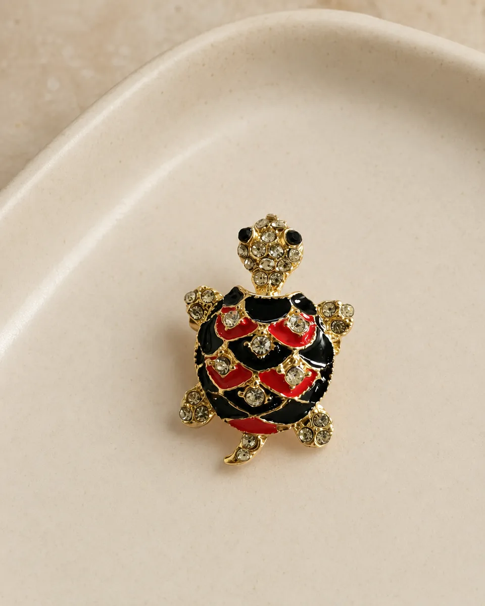 Slow Luxury Enamel Tortoise Brooch – Gold-Tone Lapel Pin