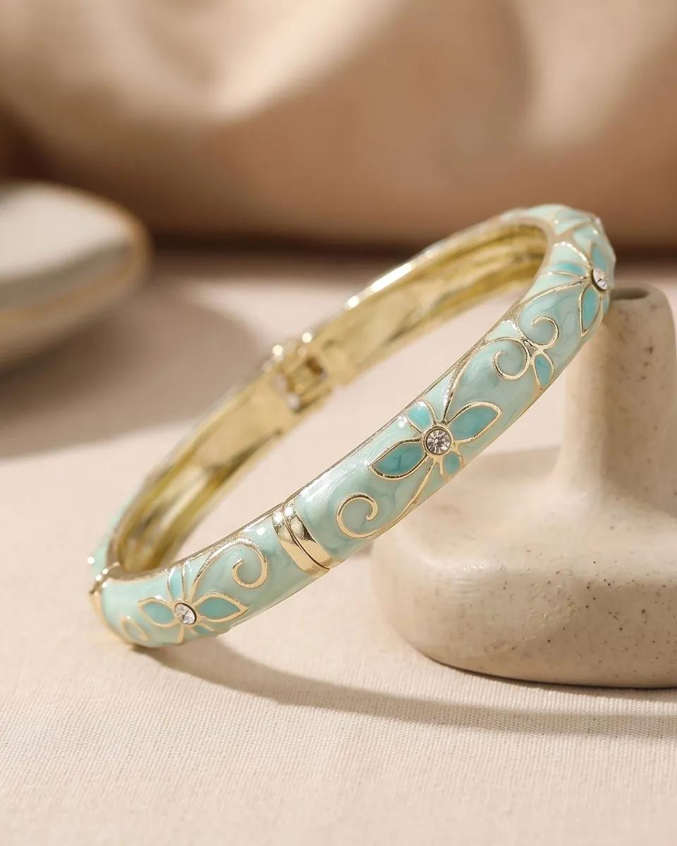 Blue Meadow Floral Enamel Bangle – Gold Plated with Enamel & Rhinestone Inlay