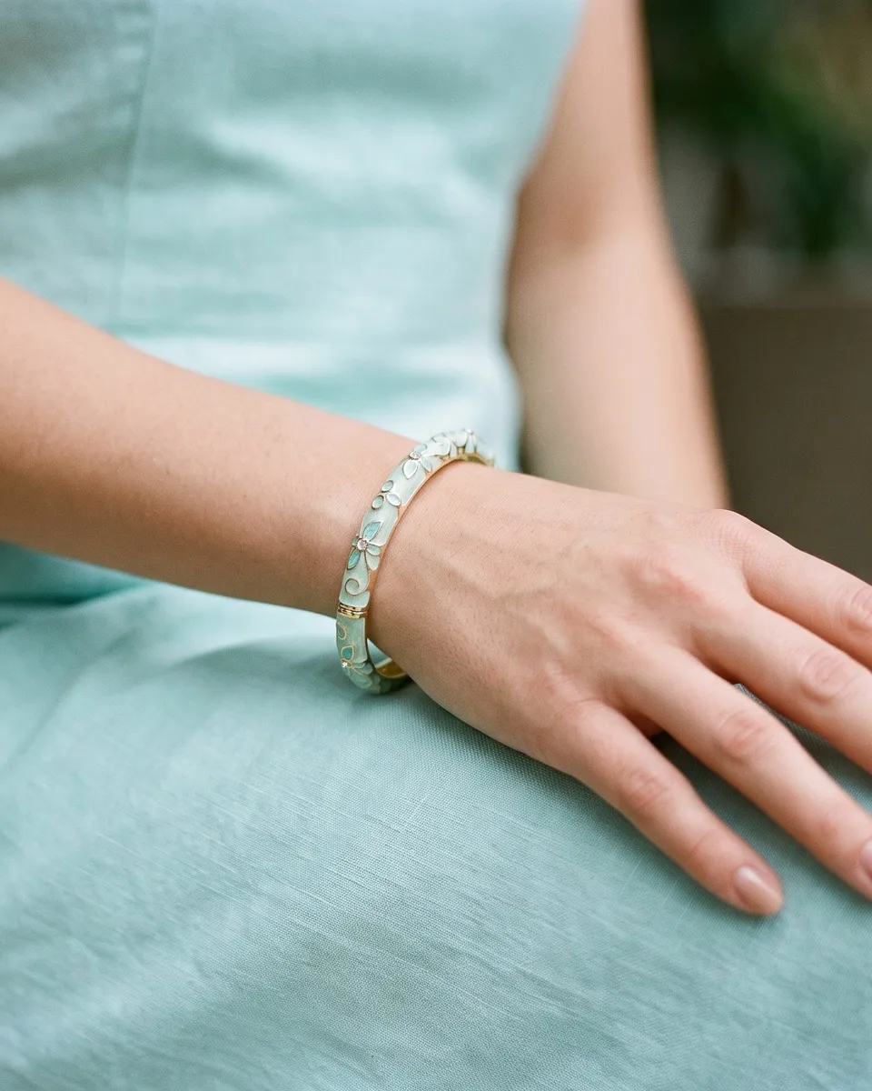 Blue Meadow Floral Enamel Bangle – Gold Plated with Enamel & Rhinestone Inlay