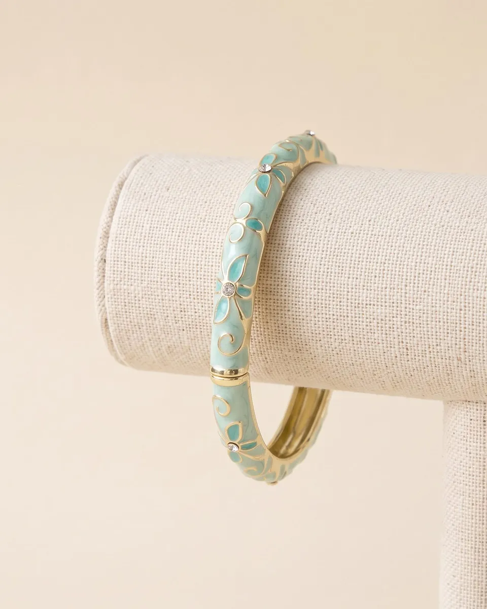 Blue Meadow Floral Enamel Bangle – Gold Plated with Enamel & Rhinestone Inlay