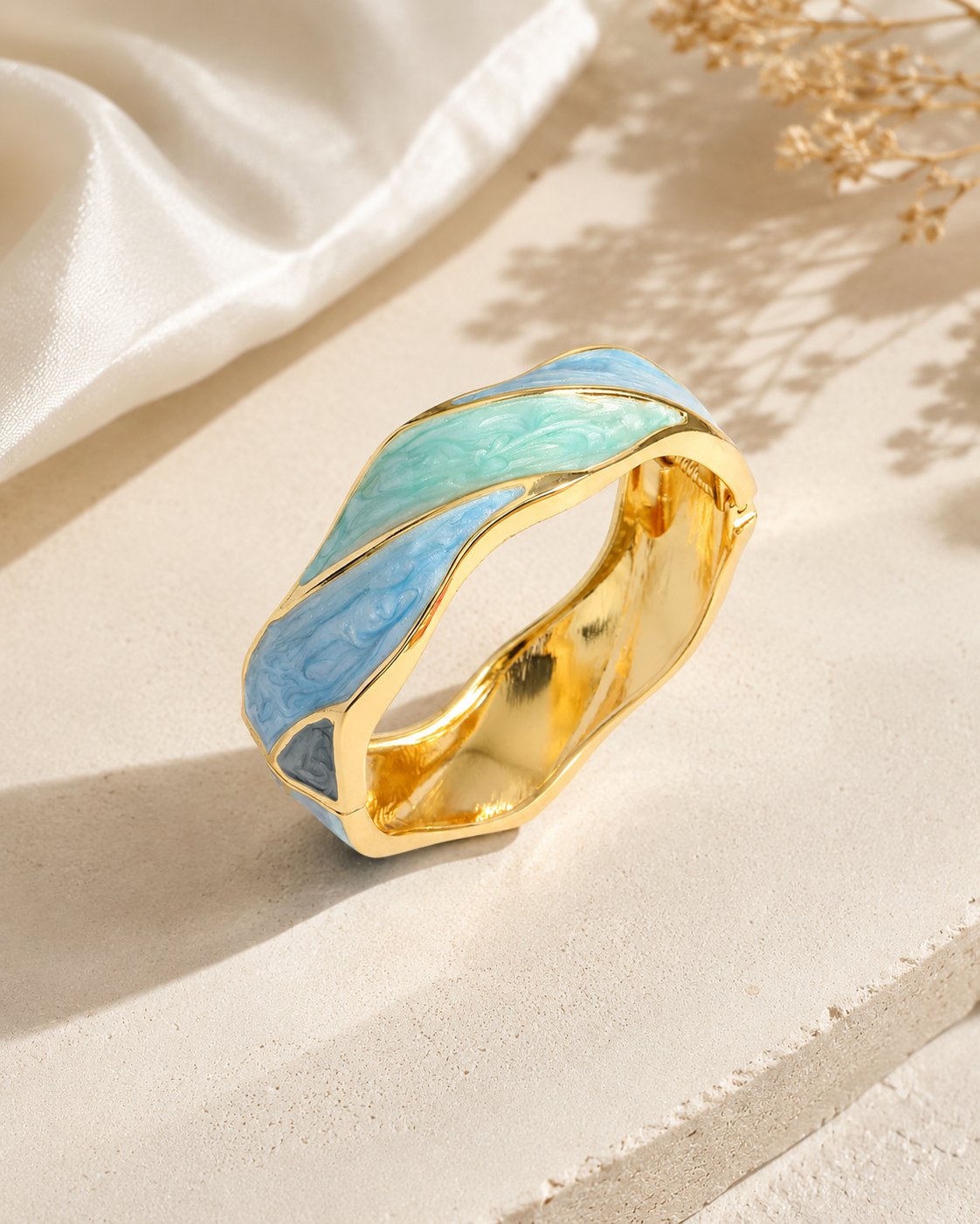 Ocean Eyes Teal Swirl Wide Enamel Bangle – Gold-Plated Alloy Colour-Block Enamel