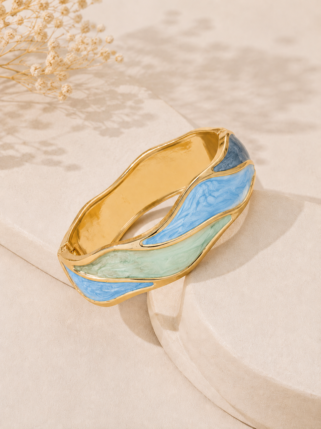 Ocean Eyes Teal Swirl Wide Enamel Bangle – Gold-Plated Alloy Colour-Block Enamel