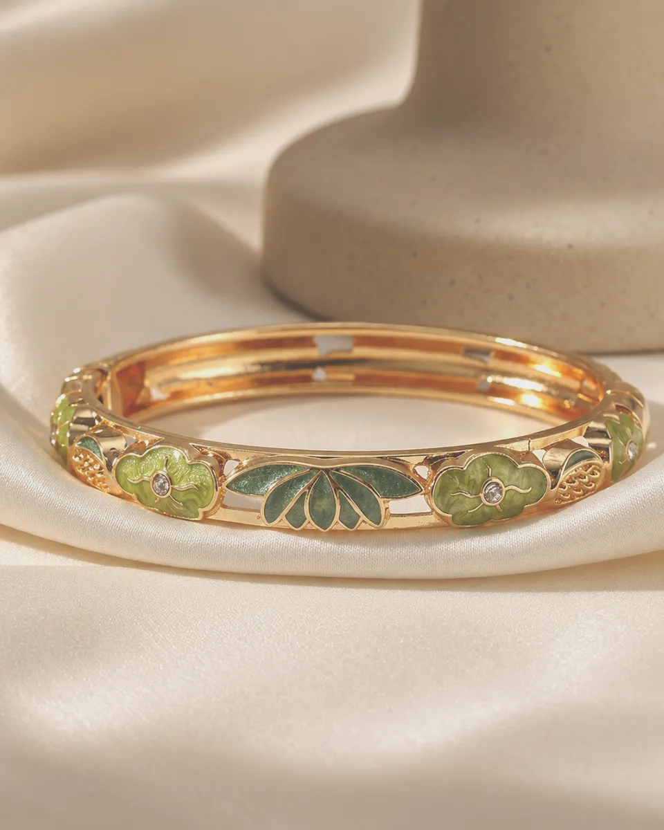 Forest Bloom Enamel Bangle – Gold Plated with Enamel & Cubic Zirconia Inlay
