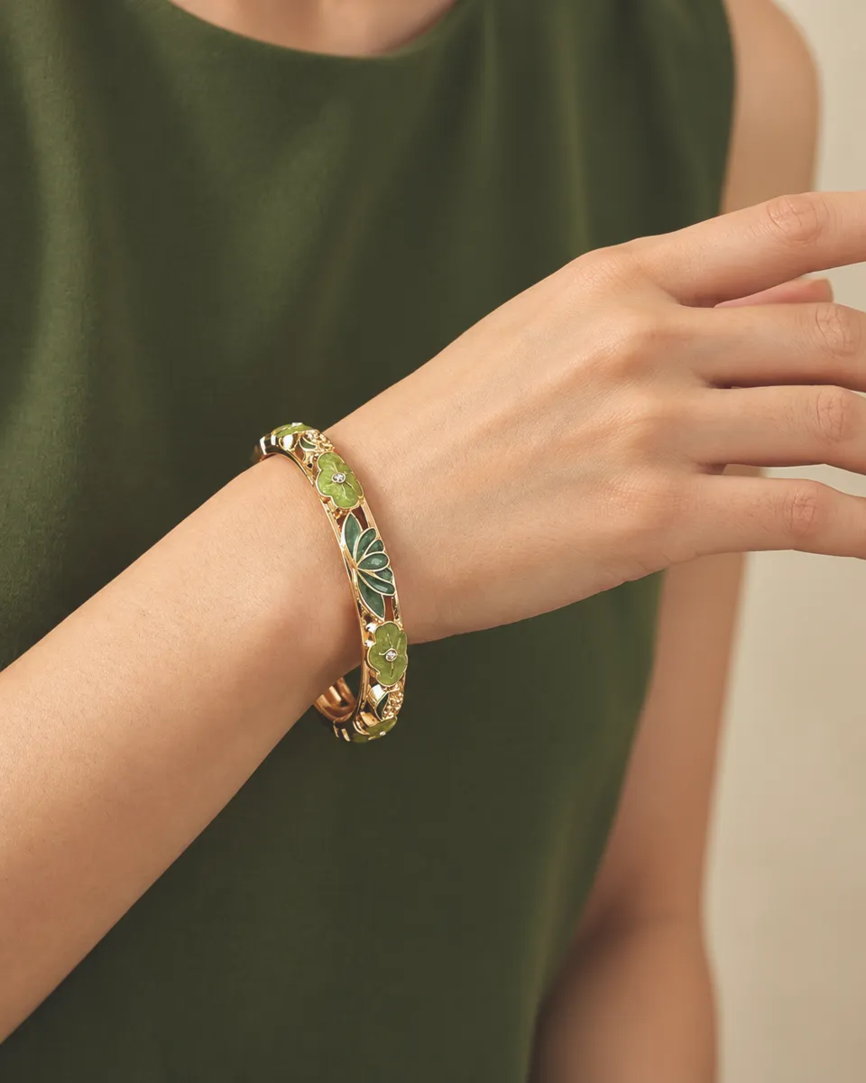 Forest Bloom Enamel Bangle – Gold Plated with Enamel & Cubic Zirconia Inlay