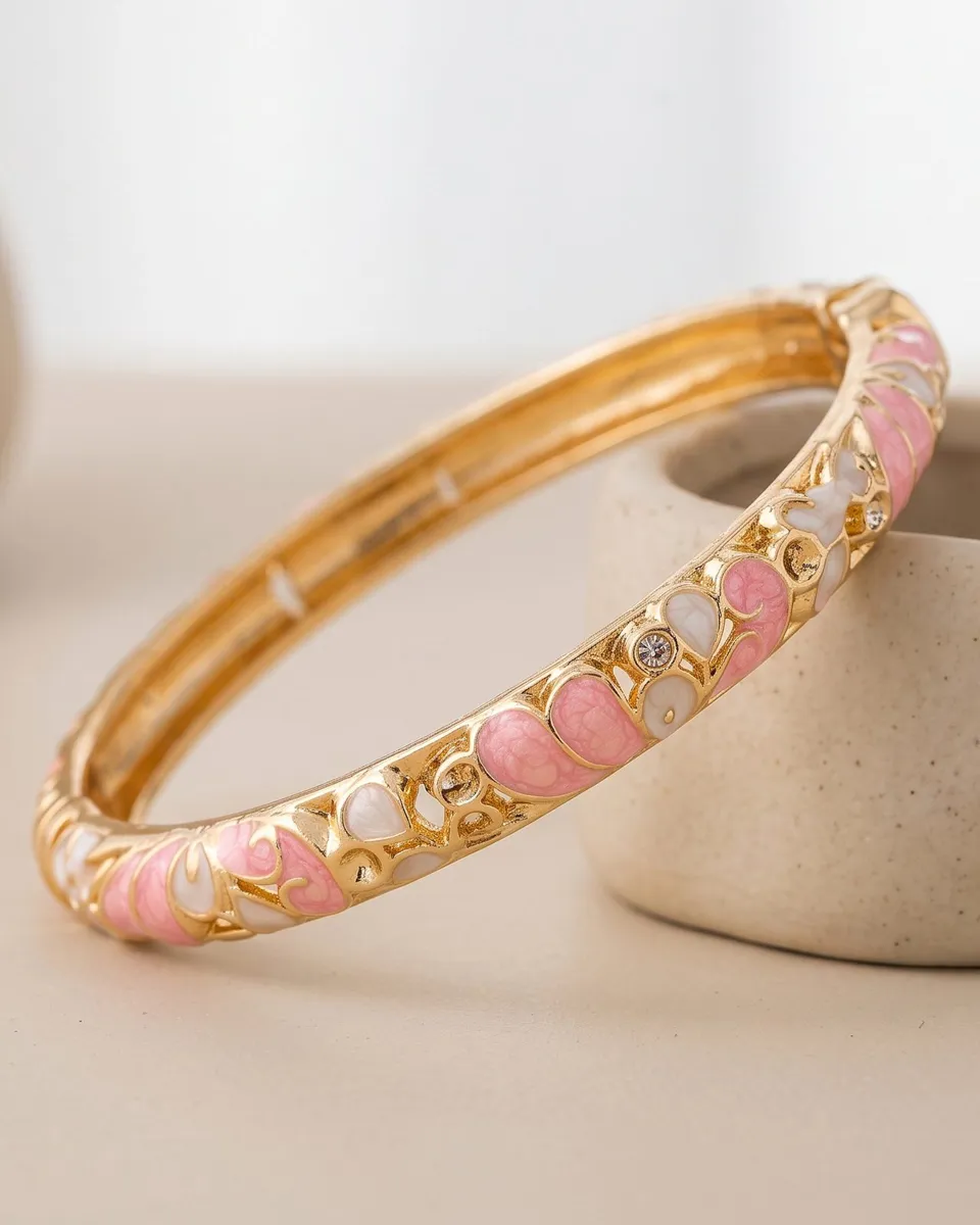 Rosy Floral Enamel Bangle – 18K Gold Plated with Enamel & Cubic Zirconia Inlay