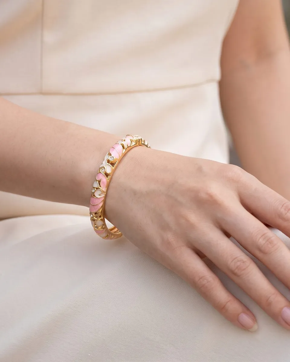 Rosy Floral Enamel Bangle – 18K Gold Plated with Enamel & Cubic Zirconia Inlay