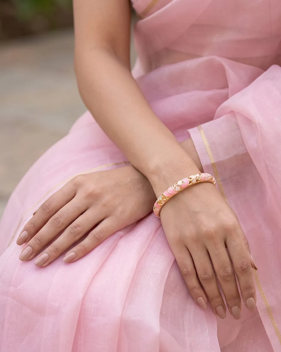 Rosy Floral Enamel Bangle – 18K Gold Plated with Enamel & Cubic Zirconia Inlay