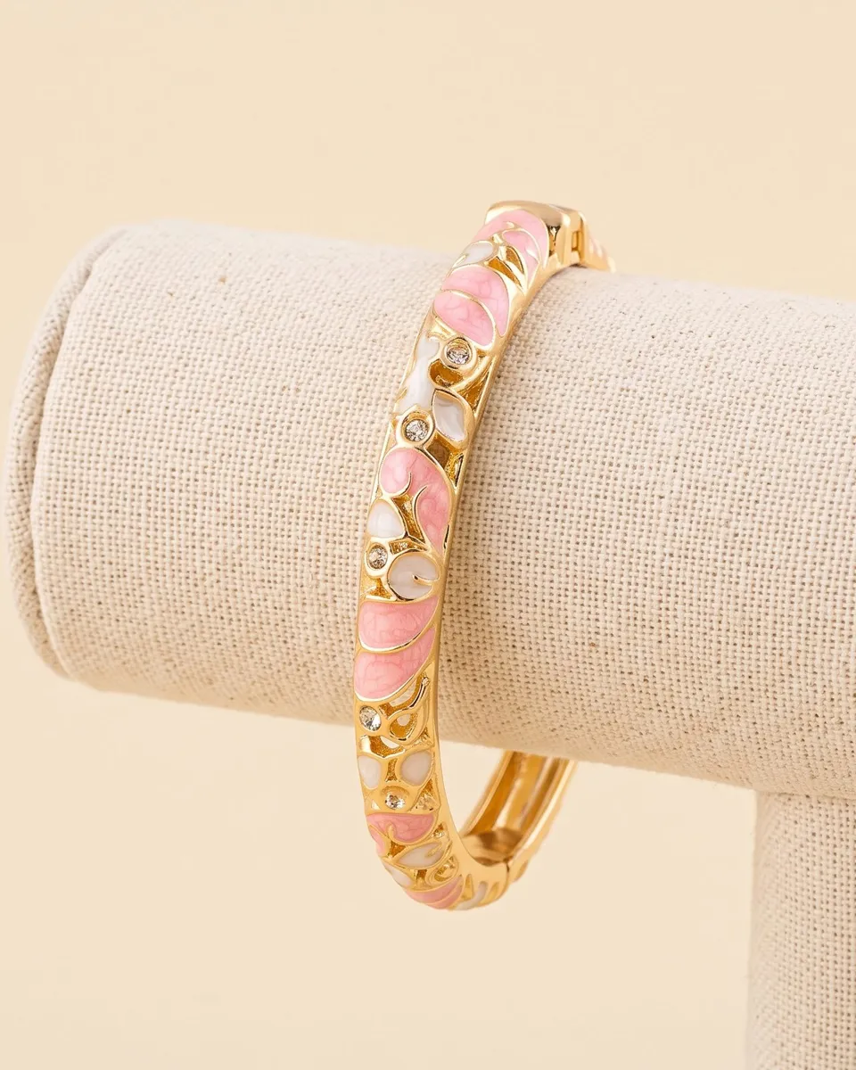 Rosy Floral Enamel Bangle – 18K Gold Plated with Enamel & Cubic Zirconia Inlay
