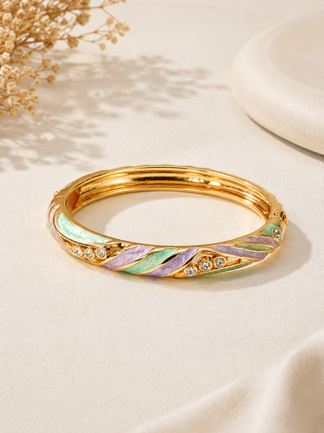 Grape Soda Swirl Crystal Enamel Bangle – Gold-Tone Alloy with Zircon Inlay