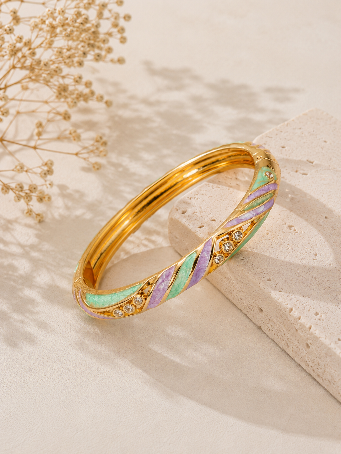 Grape Soda Swirl Crystal Enamel Bangle – Gold-Tone Alloy with Zircon Inlay