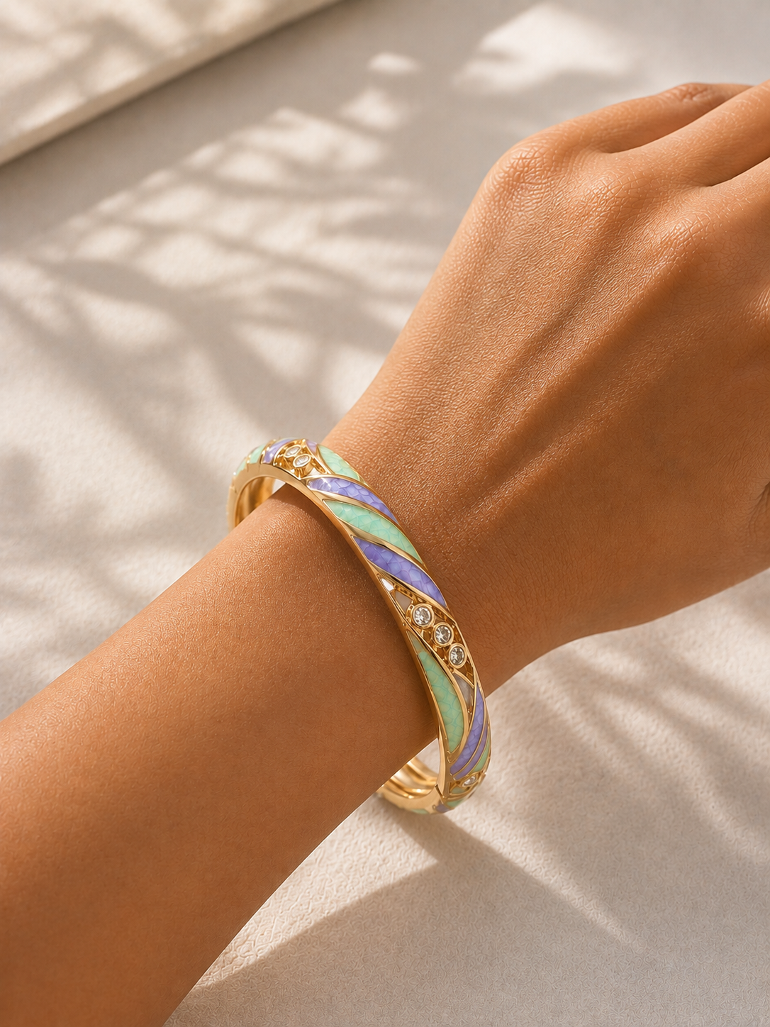 Grape Soda Swirl Crystal Enamel Bangle – Gold-Tone Alloy with Zircon Inlay