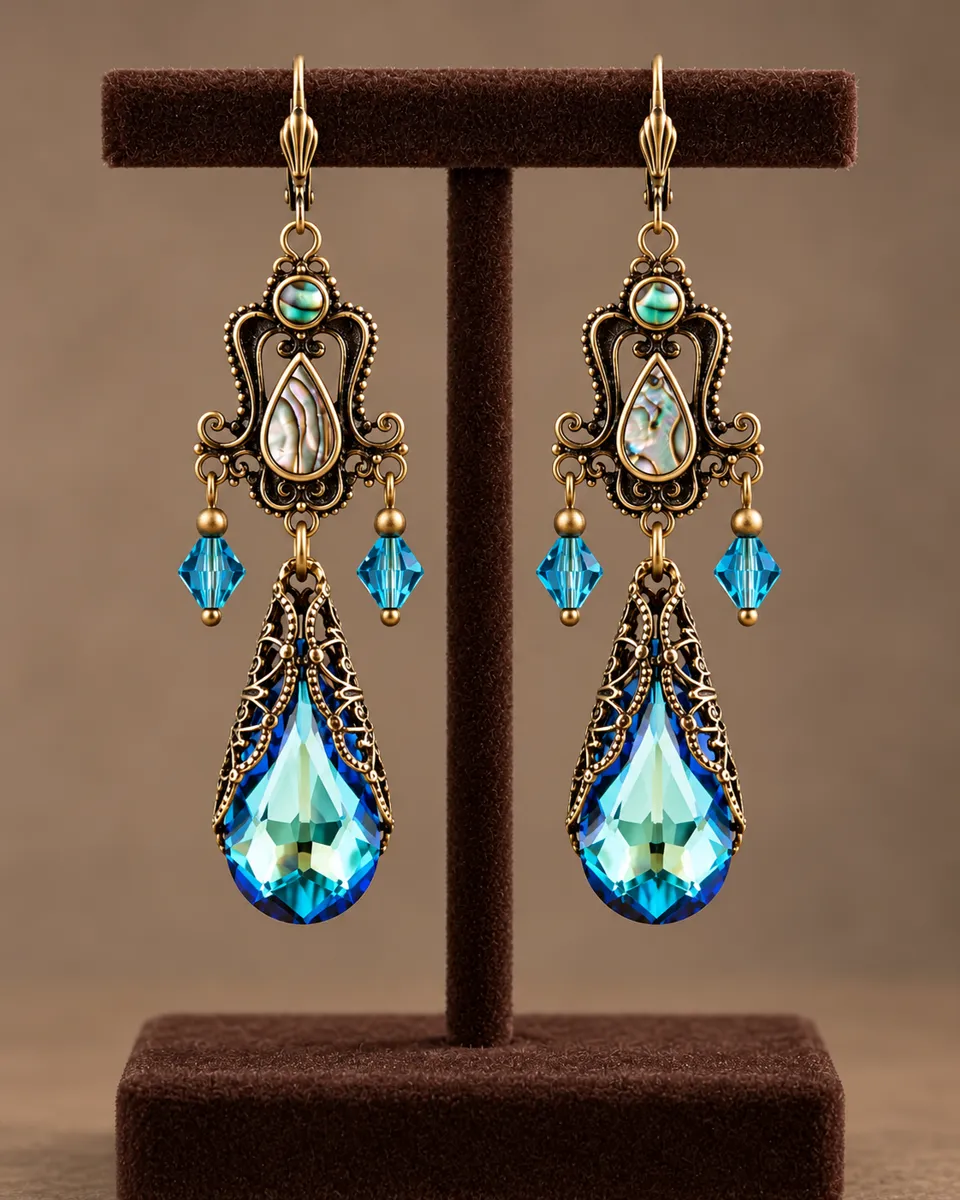 Vintage Blue Dreamcore Dangle Earrings – Cubic Zirconia Inlay