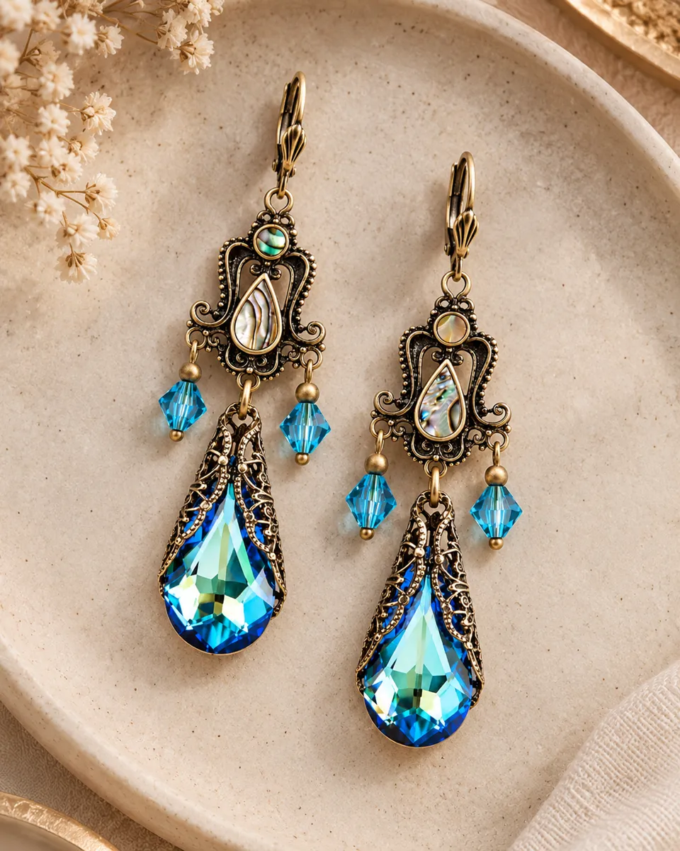 Vintage Blue Dreamcore Dangle Earrings – Cubic Zirconia Inlay