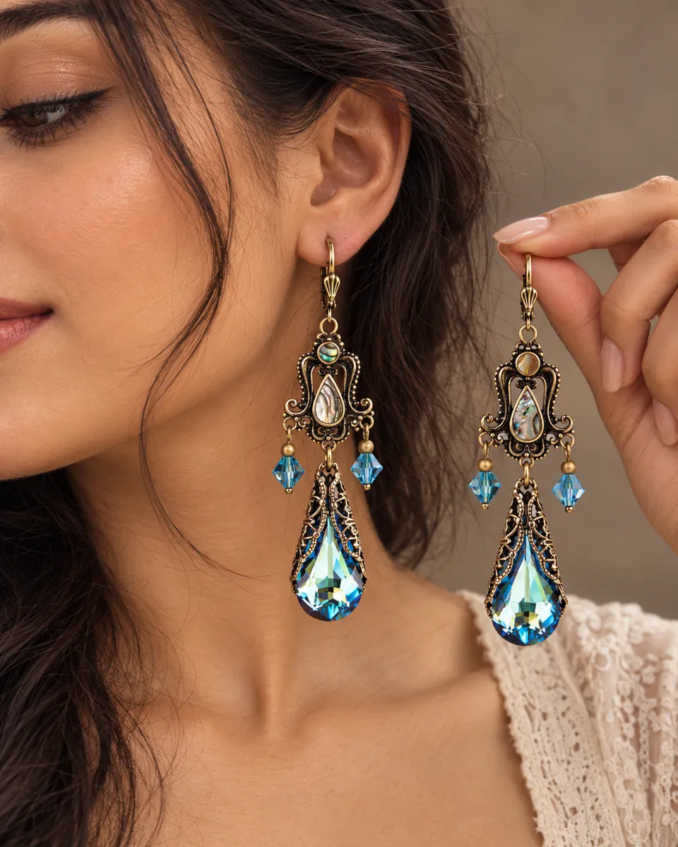 Vintage Blue Dreamcore Dangle Earrings – Cubic Zirconia Inlay