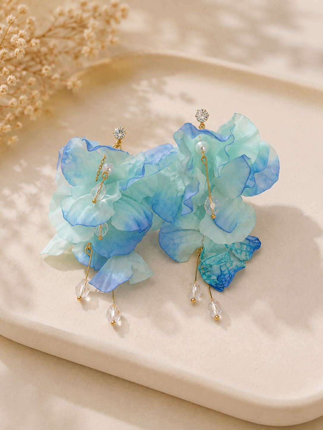 Blue Hour Muse Petal & Pearl Drop Earrings – Fabric Petals with 304 Stainless Steel Ear Pins