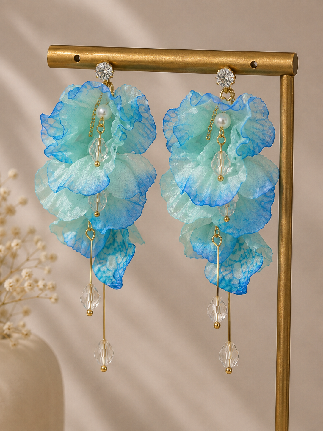 Blue Hour Muse Petal & Pearl Drop Earrings – Fabric Petals with 304 Stainless Steel Ear Pins