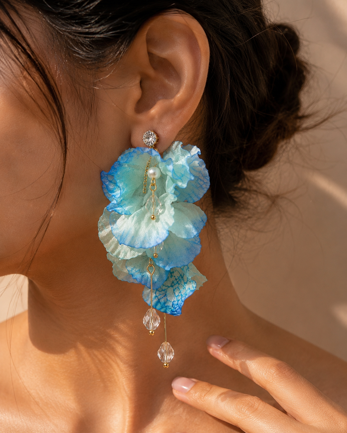 Blue Hour Muse Petal & Pearl Drop Earrings – Fabric Petals with 304 Stainless Steel Ear Pins