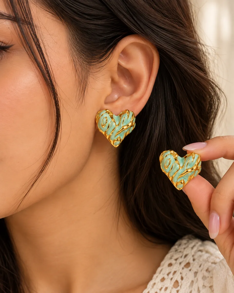 Mint Marble Enamel Heart Stud Earrings – Gold-Tone