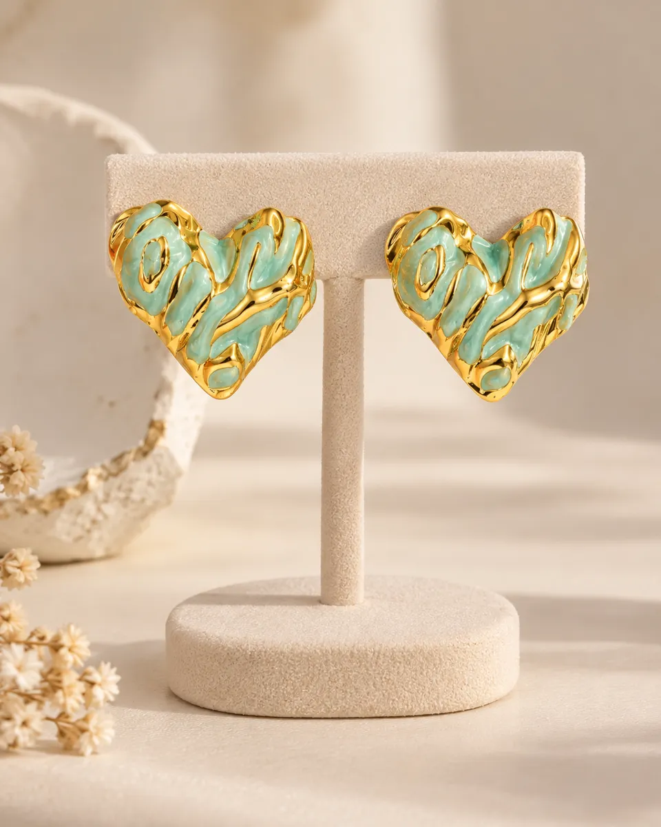 Mint Marble Enamel Heart Stud Earrings – Gold-Tone