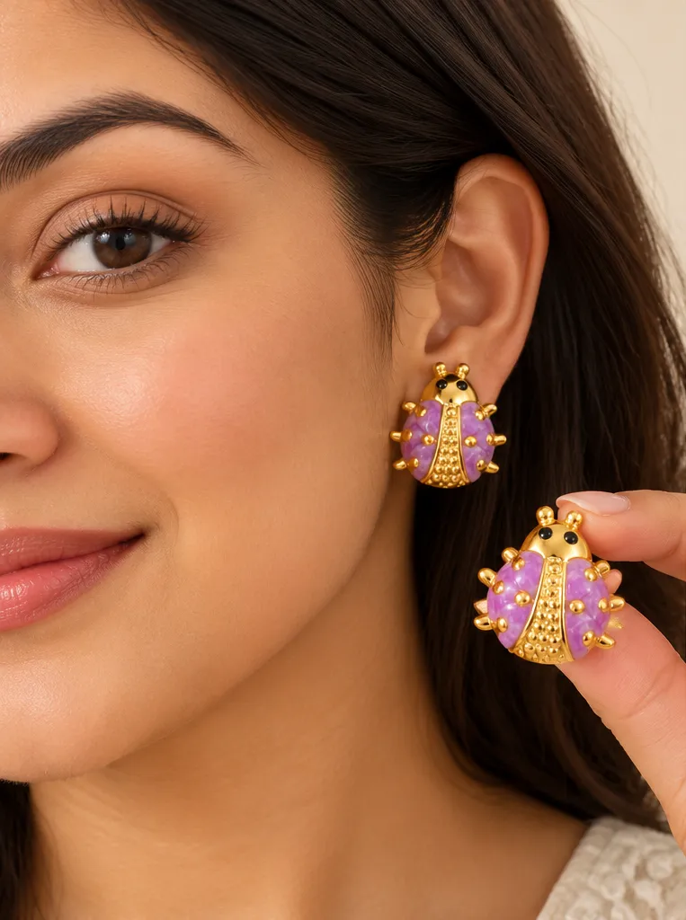 Lilac Lovebug Stud Earrings – Gold Plated 304 Stainless Steel with Enamel