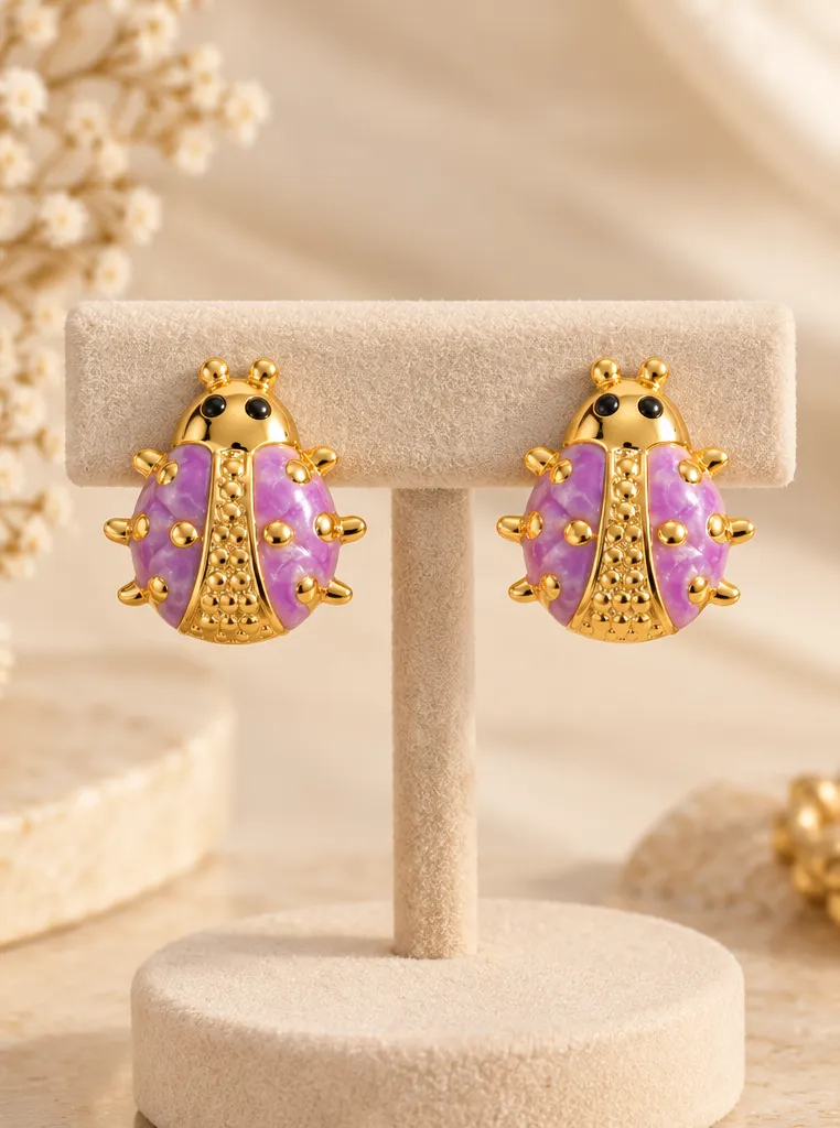 Lilac Lovebug Stud Earrings – Gold Plated 304 Stainless Steel with Enamel