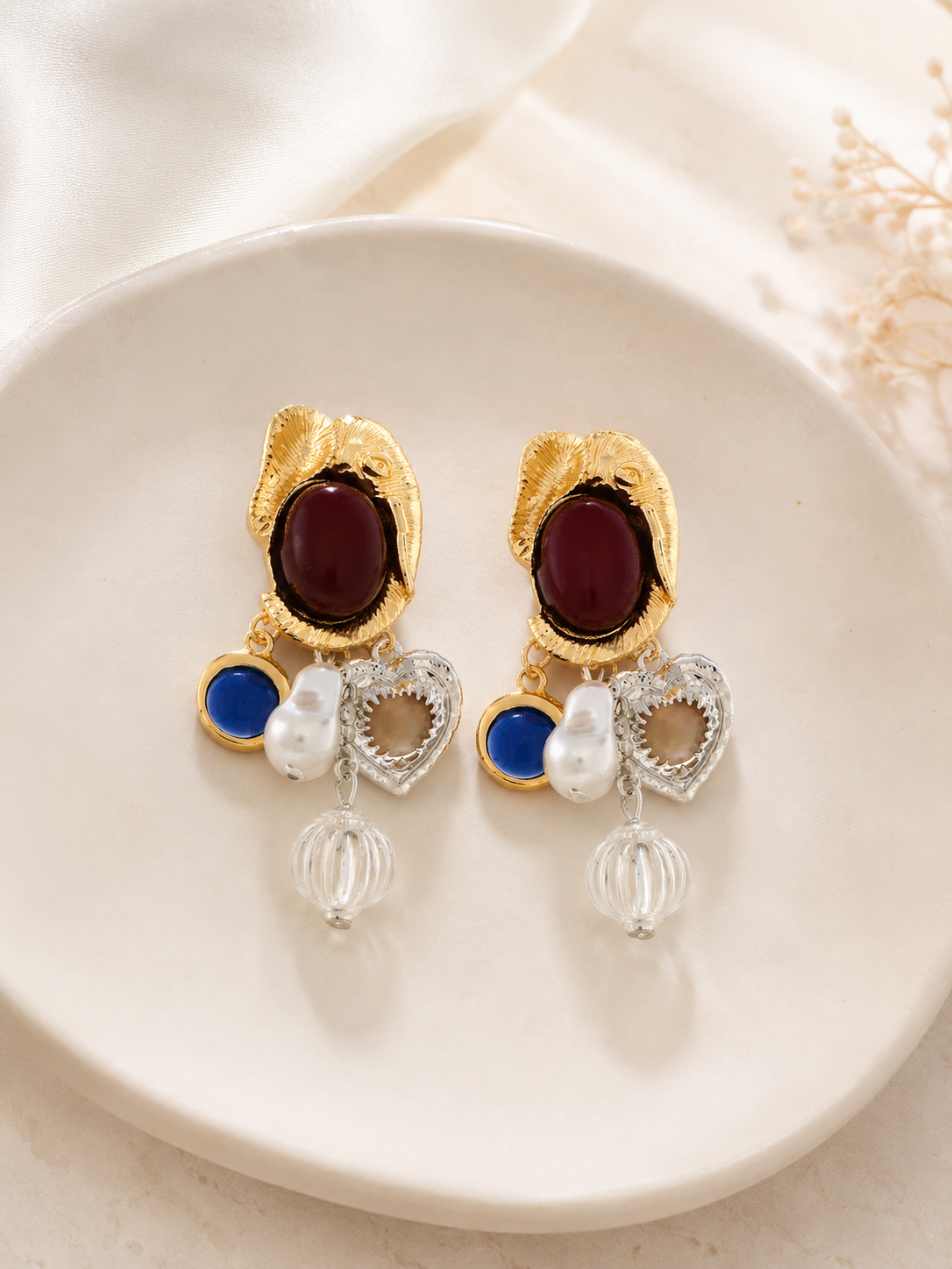 Wine O'Clock Maroon Resin Heart Drop Earrings – Colour Resin & Faux Pearl with 304 Stainless Steel Ear Pins