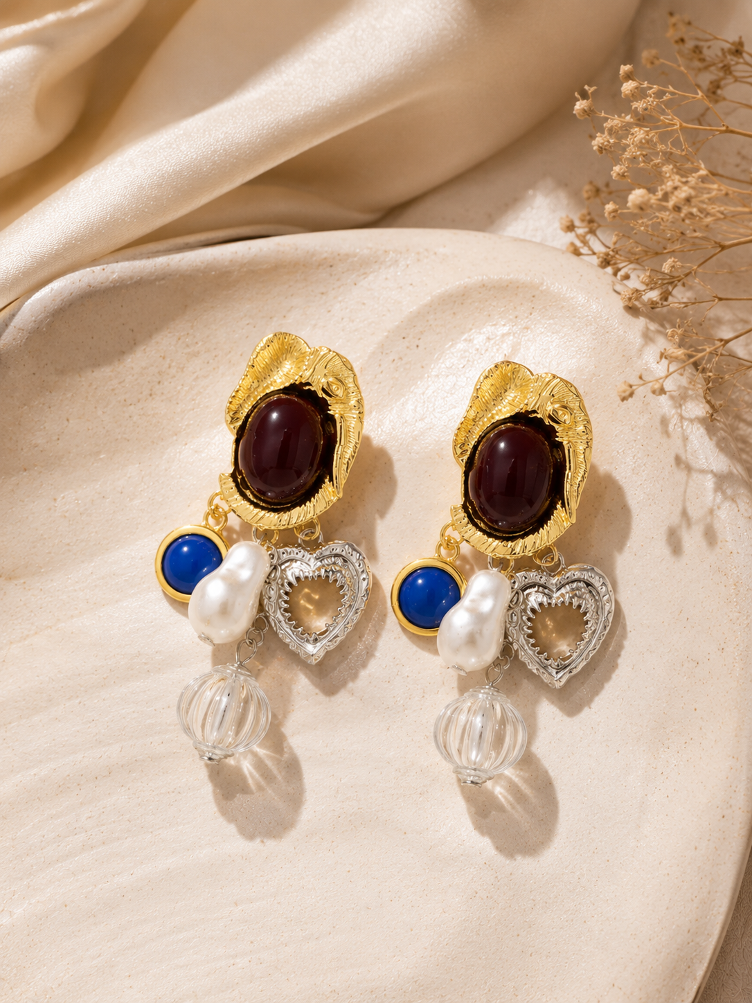 Wine O'Clock Maroon Resin Heart Drop Earrings – Colour Resin & Faux Pearl with 304 Stainless Steel Ear Pins