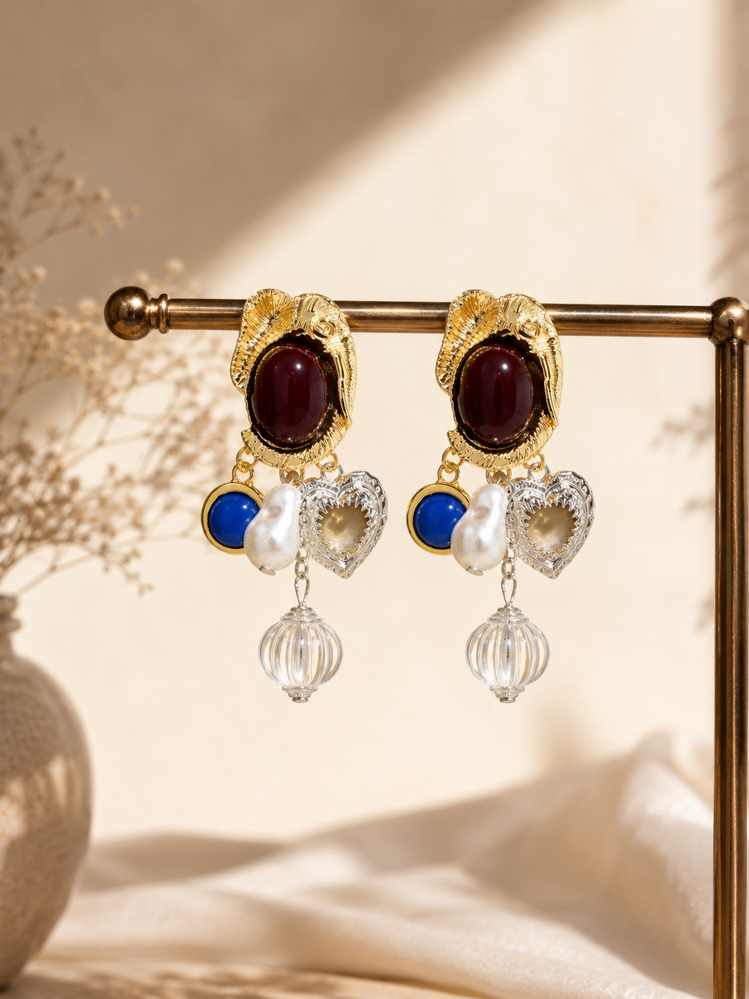 Wine O'Clock Maroon Resin Heart Drop Earrings – Colour Resin & Faux Pearl with 304 Stainless Steel Ear Pins