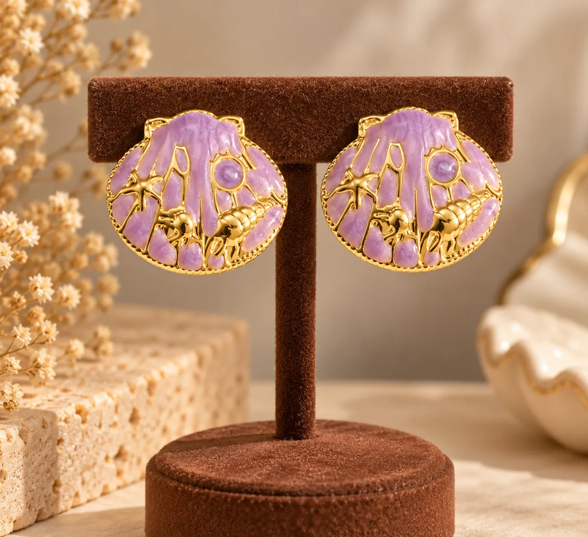 Lilac Reef Sea Creature Stud Earrings – Gold Plated 304 Stainless Steel with Enamel