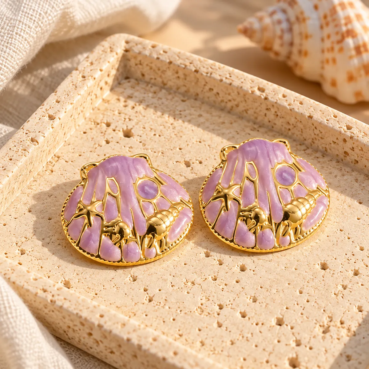 Lilac Reef Sea Creature Stud Earrings – Gold Plated 304 Stainless Steel with Enamel
