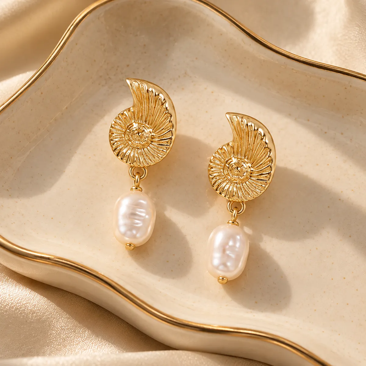 Golden Tide Spiral Shell Drop Earrings – Gold Plated